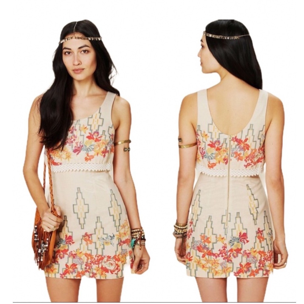 Free People Floral Geometric Lurex‎ Mini Dress Cream Orange Boho Size S